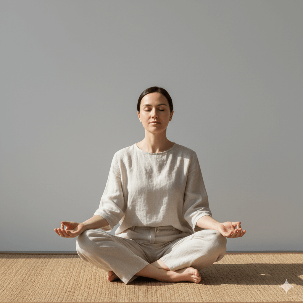 Woman in beige clothing meditating cross-legged on a mat against a plain gray wall