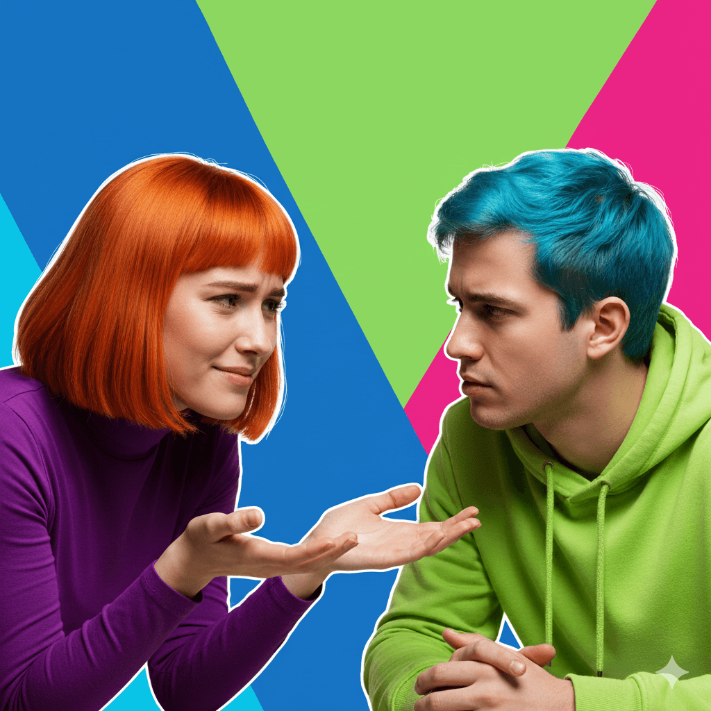 Woman with orange hair in purple top explaining something to man with blue hair in green hoodie against colorful background