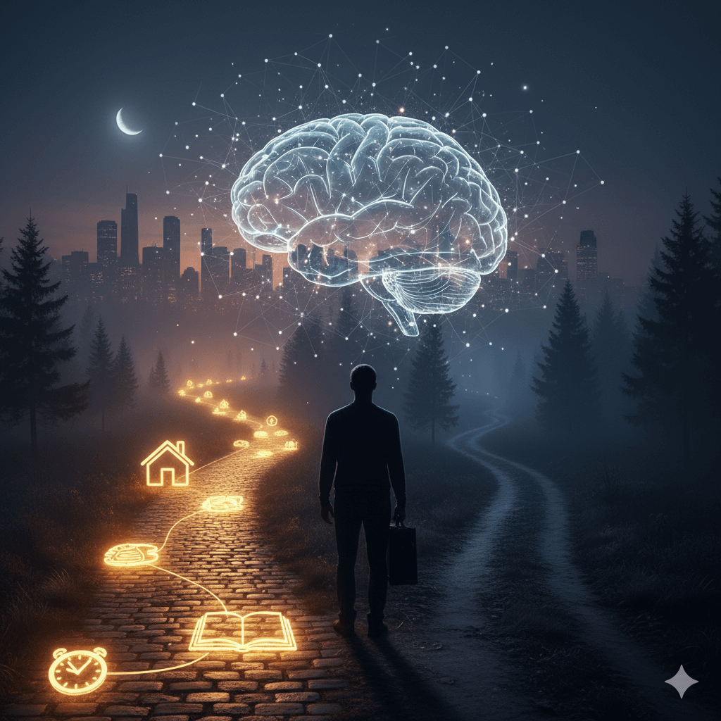 Silhouette of a man with briefcase on a forest path illuminated by glowing icons leading to a digital brain above a city skyline at night.