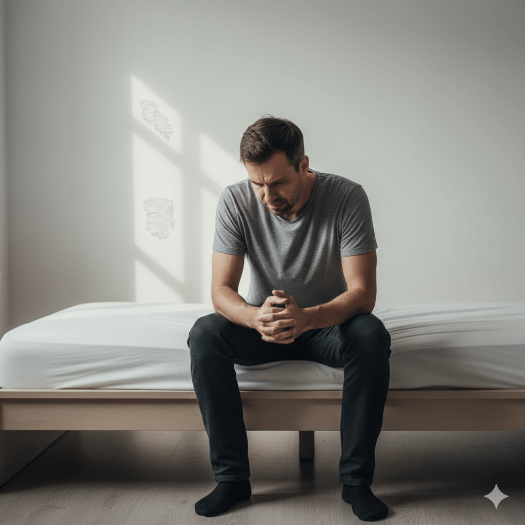 Man in gray t-shirt and black pants sitting on bed, looking down with clasped hands in a minimalist room.