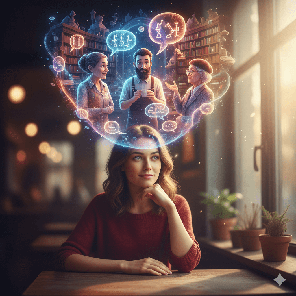 Young woman imagining a diverse group discussing science and knowledge in a glowing thought bubble above her head.