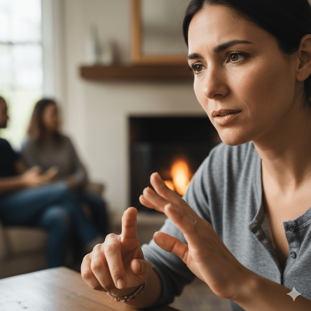 Woman in gray shirt using sign language with two people blurred in the background near a fireplace