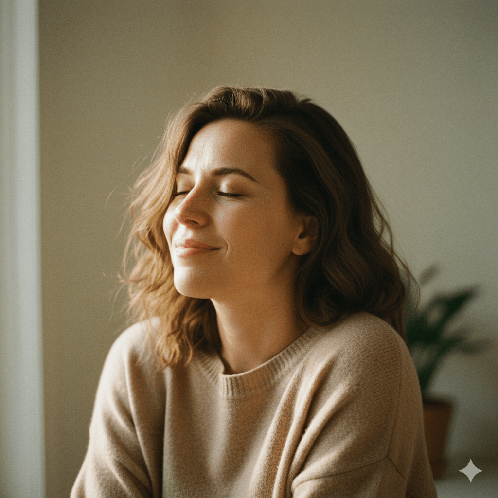 Woman with closed eyes smiling softly wearing a beige sweater in a softly lit room