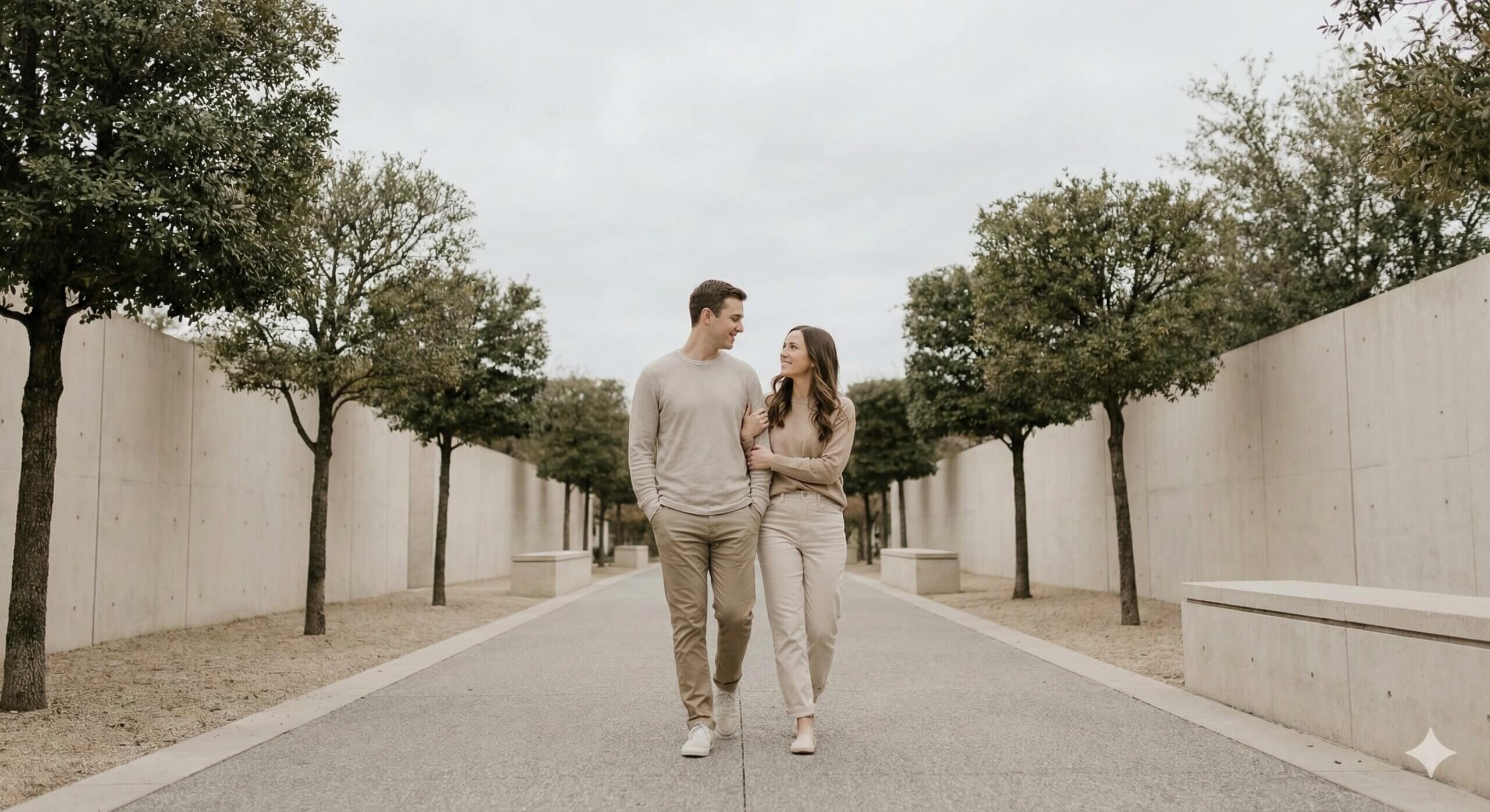 Couple walking arm in arm down a tree-lined pathway with concrete walls on both sides.