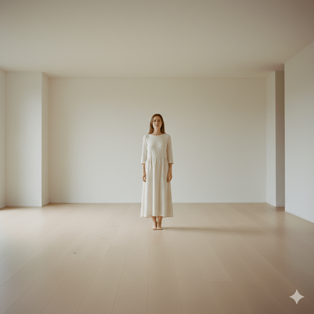 Woman in a long white dress standing barefoot in an empty room with light wood flooring and white walls.