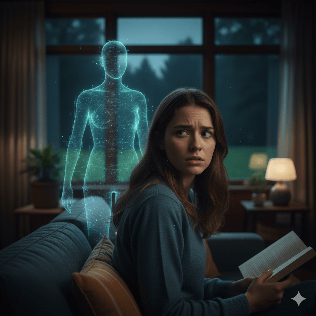 Young woman on couch looking worried at a glowing holographic female figure behind her in a dimly lit room.