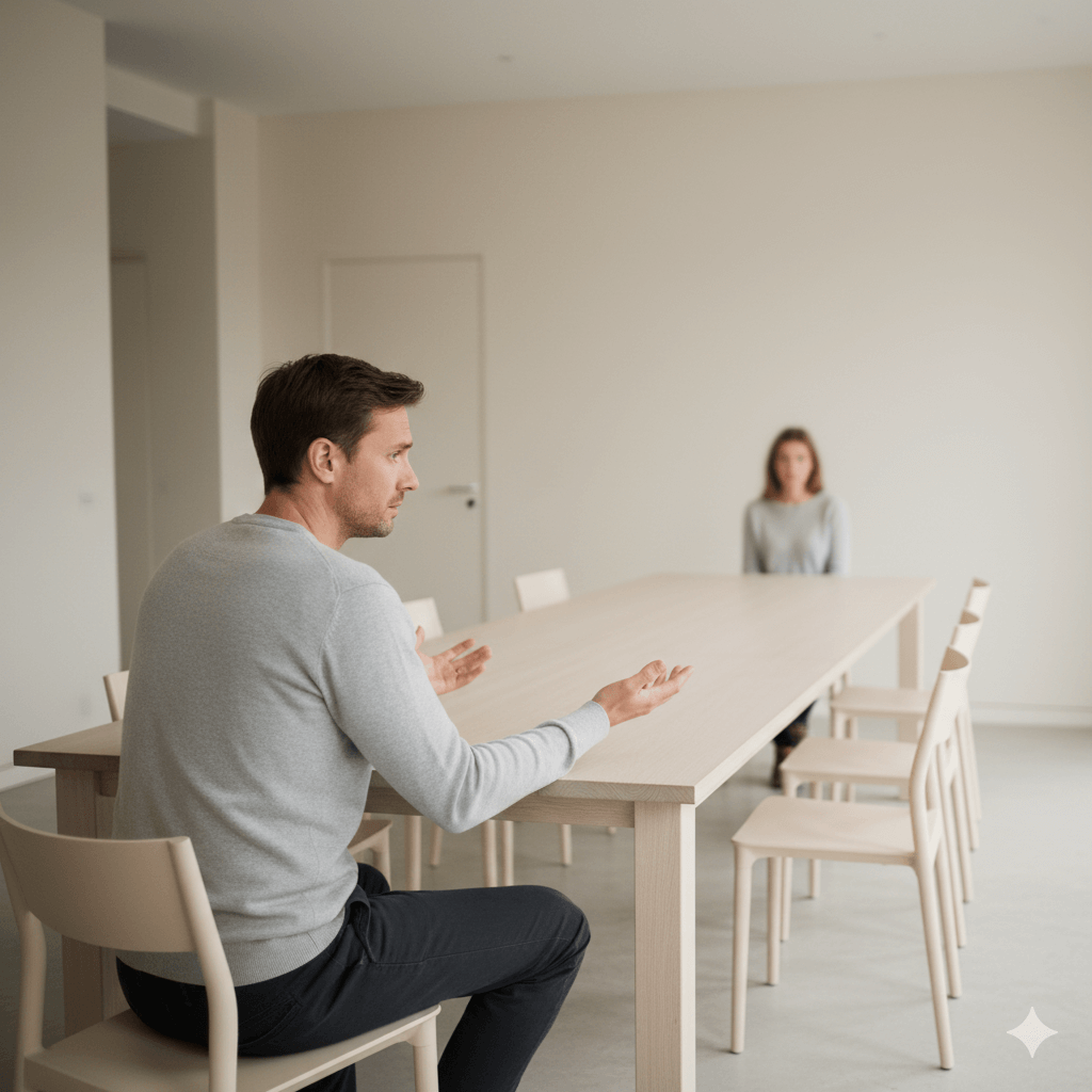 Man and woman sitting far apart at a long table in a minimalist room, appearing to have a serious conversation