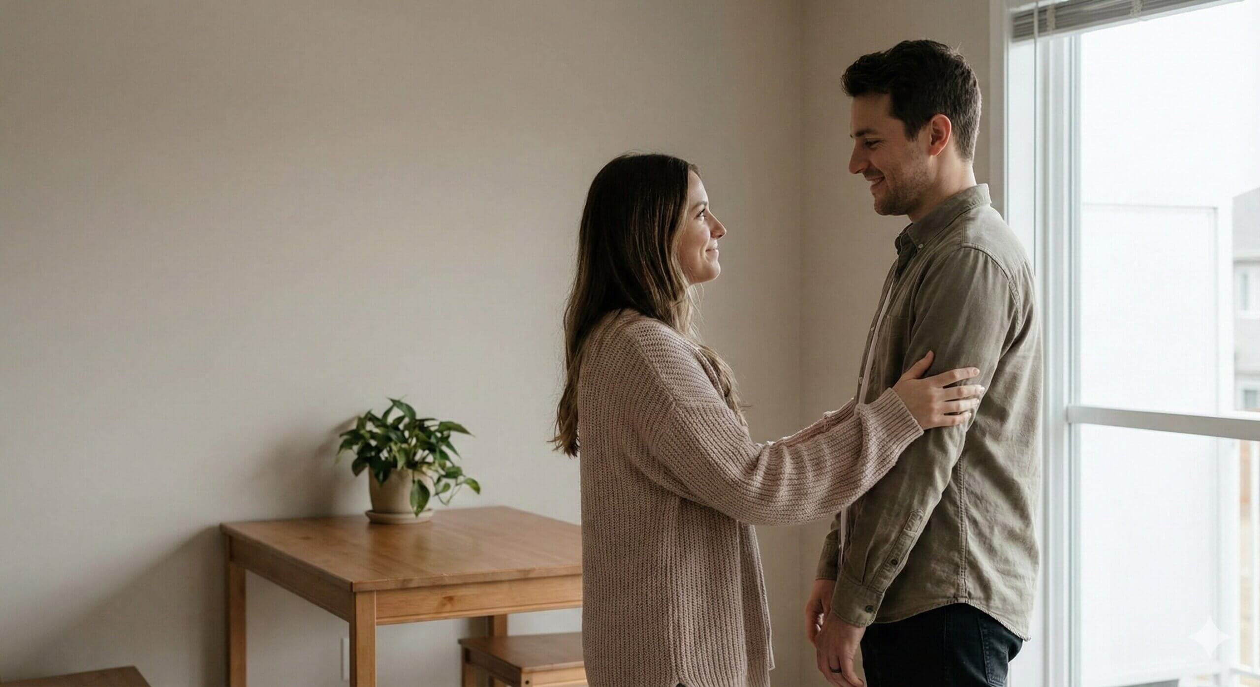 Woman in a pink sweater holding a man in a green shirt, smiling at each other indoors near a wooden table with a plant.