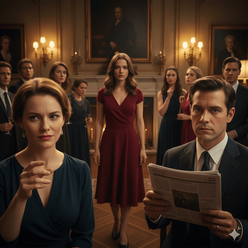 Group of formally dressed people in a vintage room, woman in red dress standing center, man in suit reading newspaper.