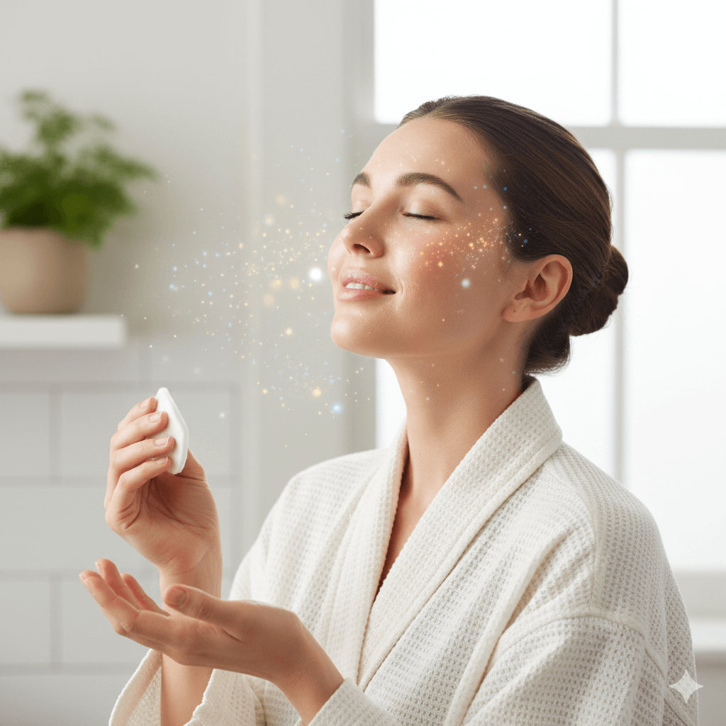 Woman in a white robe applying skincare with a cotton pad, surrounded by glowing sparkles on her face.