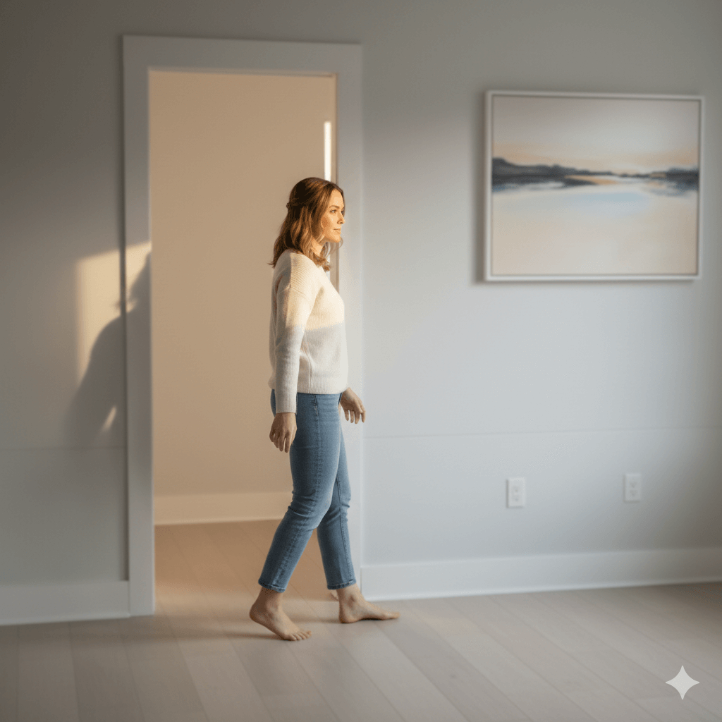 Woman in white sweater and jeans walking barefoot indoors near a doorway with soft natural light.