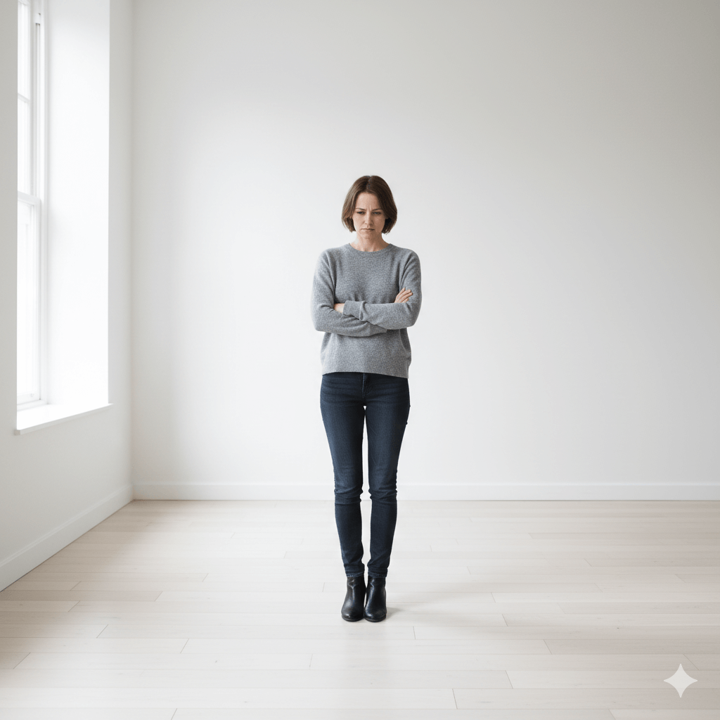 Woman in gray sweater and jeans standing with arms crossed in empty room with wooden floor and white walls