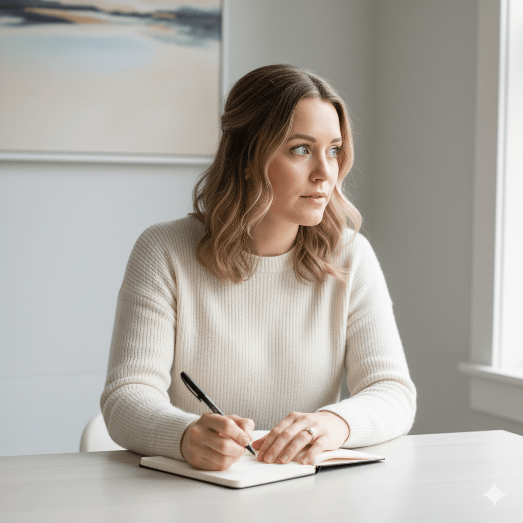Woman in a cream sweater writing in a notebook while looking out a window in a bright room