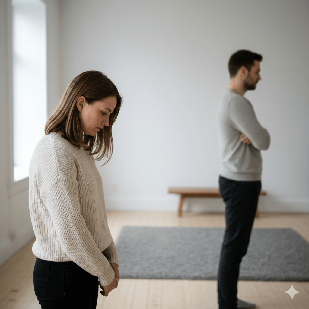 Woman and man standing apart in a room, both looking down and away, appearing upset or distant.