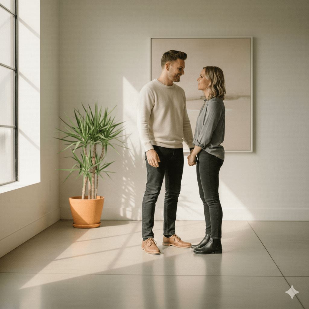 Couple holding hands and looking at each other in a sunlit room with a potted plant and abstract wall art.