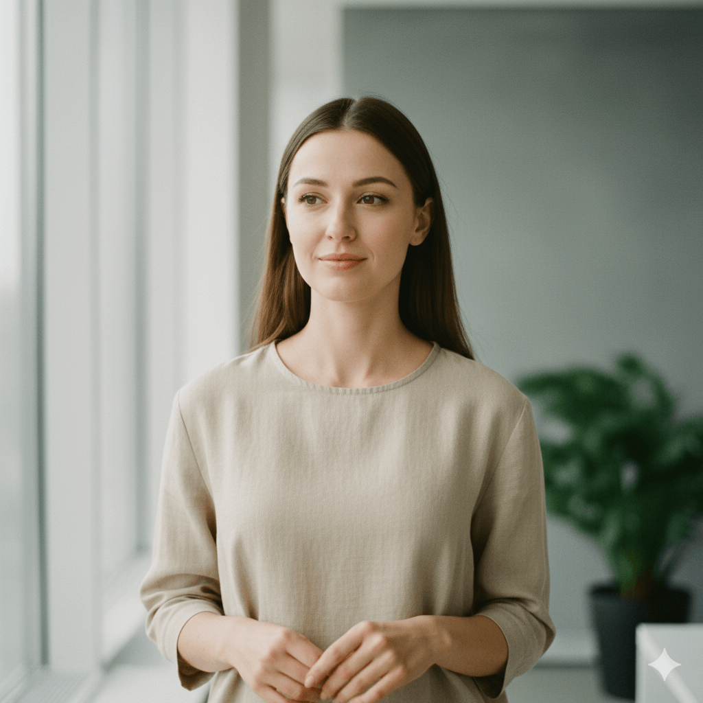 Young woman with long brown hair wearing a beige top standing near a window with a plant in the background