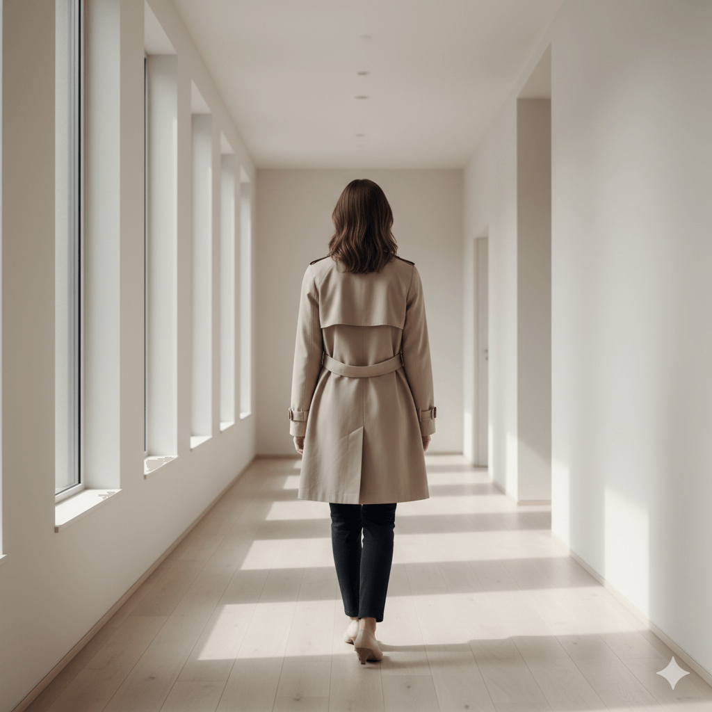 Woman in beige trench coat walking down a bright hallway with large windows on the left side