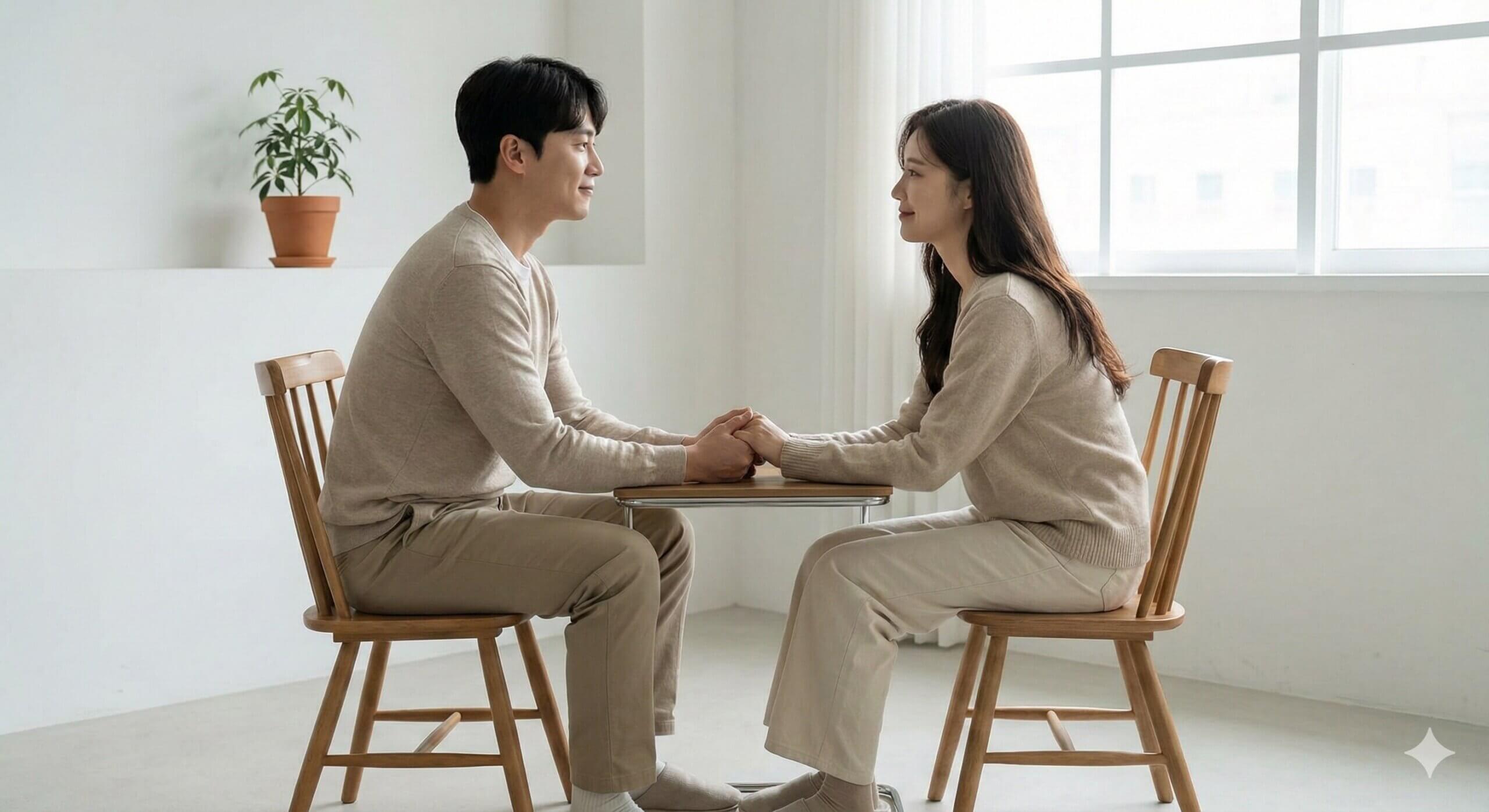 Couple sitting on wooden chairs holding hands across a small table in a bright room with a potted plant.