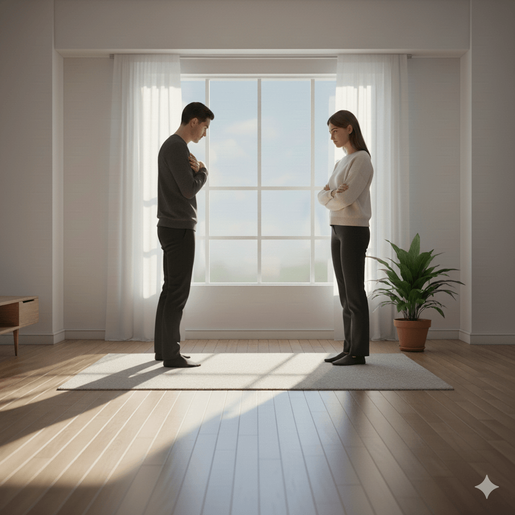 Man and woman standing facing each other in a sunlit room with a large window and potted plant.