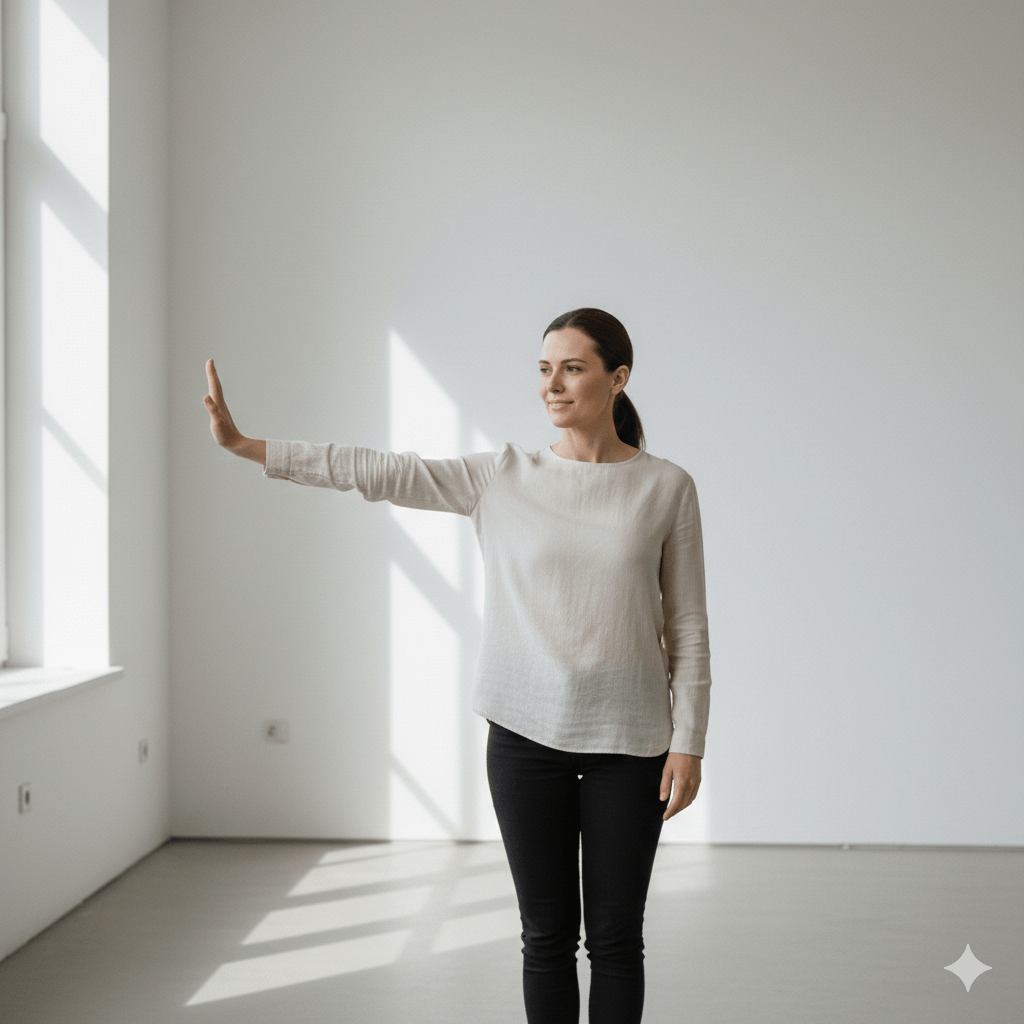 Woman in beige top and black pants standing in a bright room with her arm extended, palm facing outward.