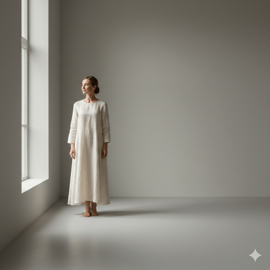 Woman in a long white dress standing barefoot by a large window in a minimalist room