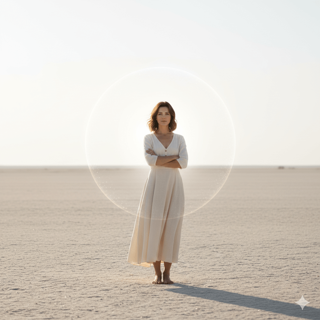 Woman in a long beige dress standing barefoot in a desert with a glowing protective bubble around her.