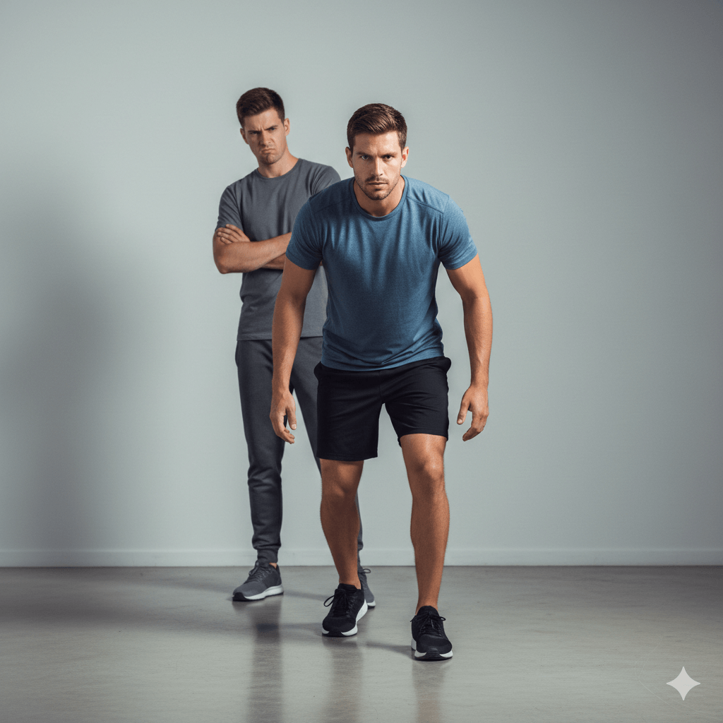 Man in blue shirt and black shorts preparing to sprint while another man in gray watches with arms crossed.