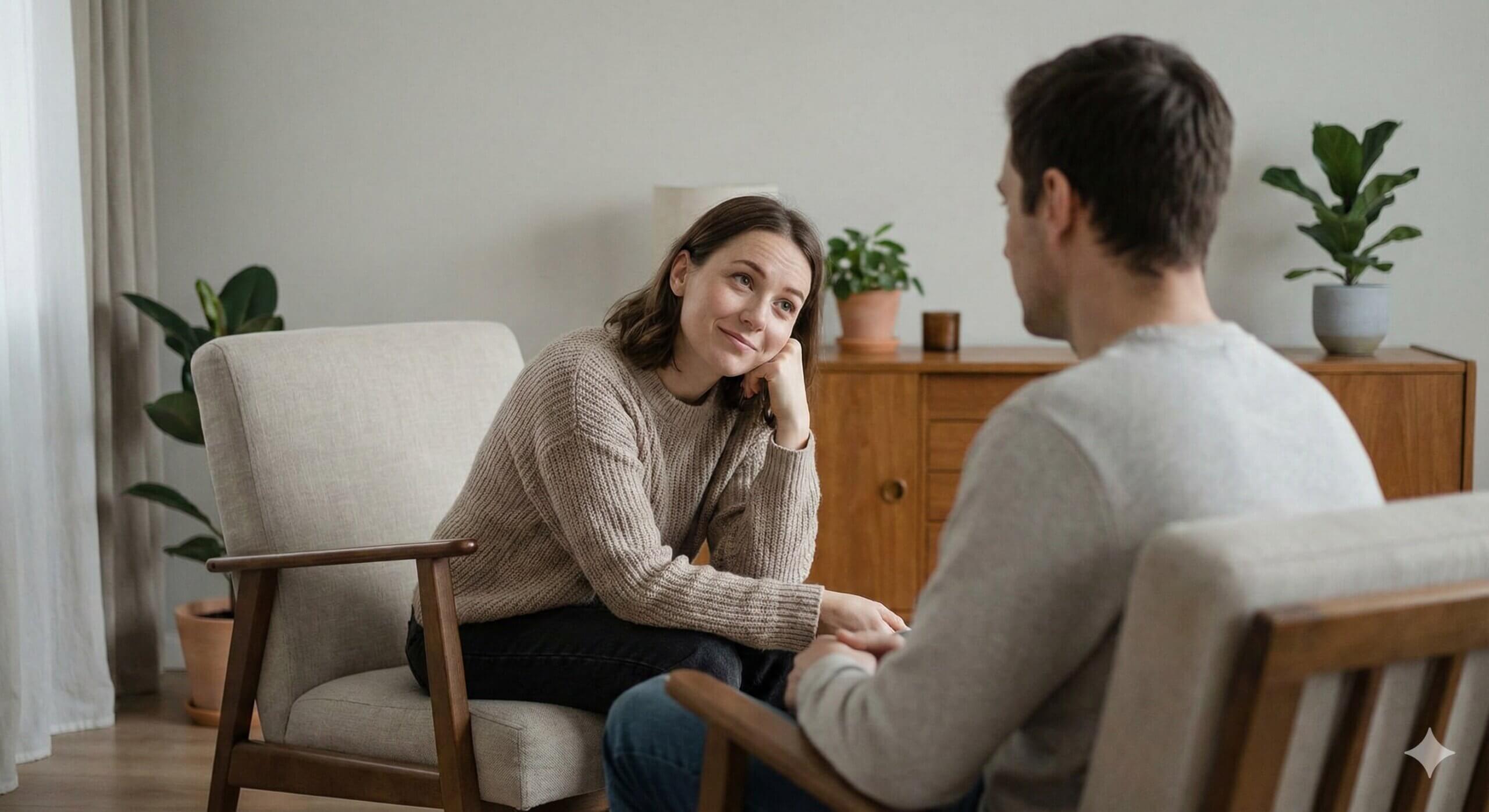 Woman in beige sweater attentively listening and holding hands with a man in a gray shirt in a cozy living room setting