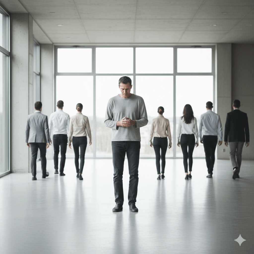 Man in gray shirt standing with head down while seven people walk away in a bright modern office space