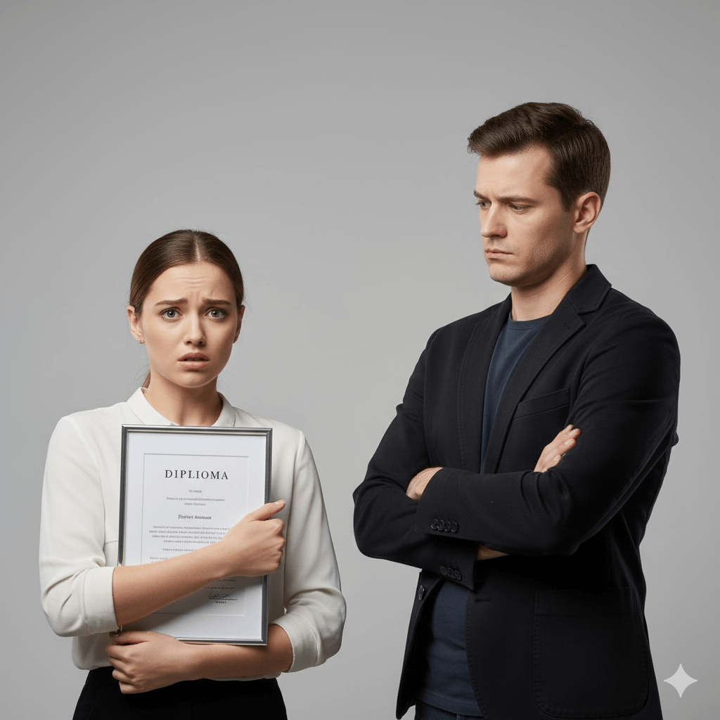 Worried woman holding a diploma stands next to a serious man with crossed arms against a gray background.