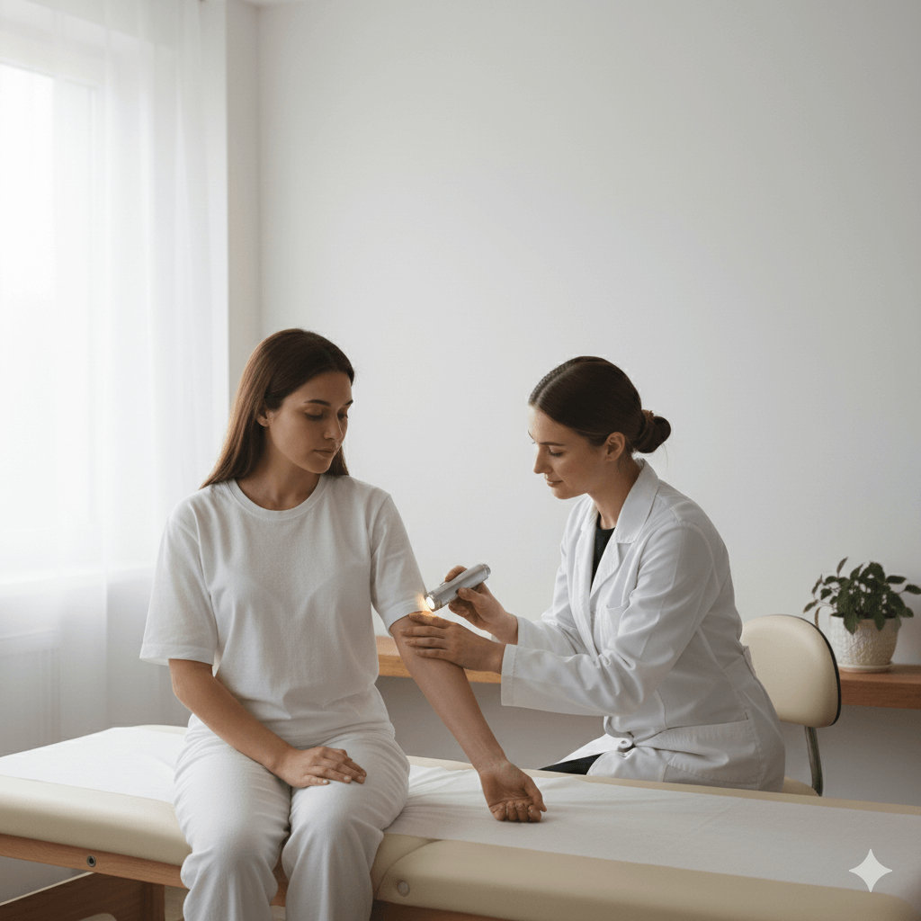 Doctor examining patient's arm with a dermatoscope in a medical clinic room