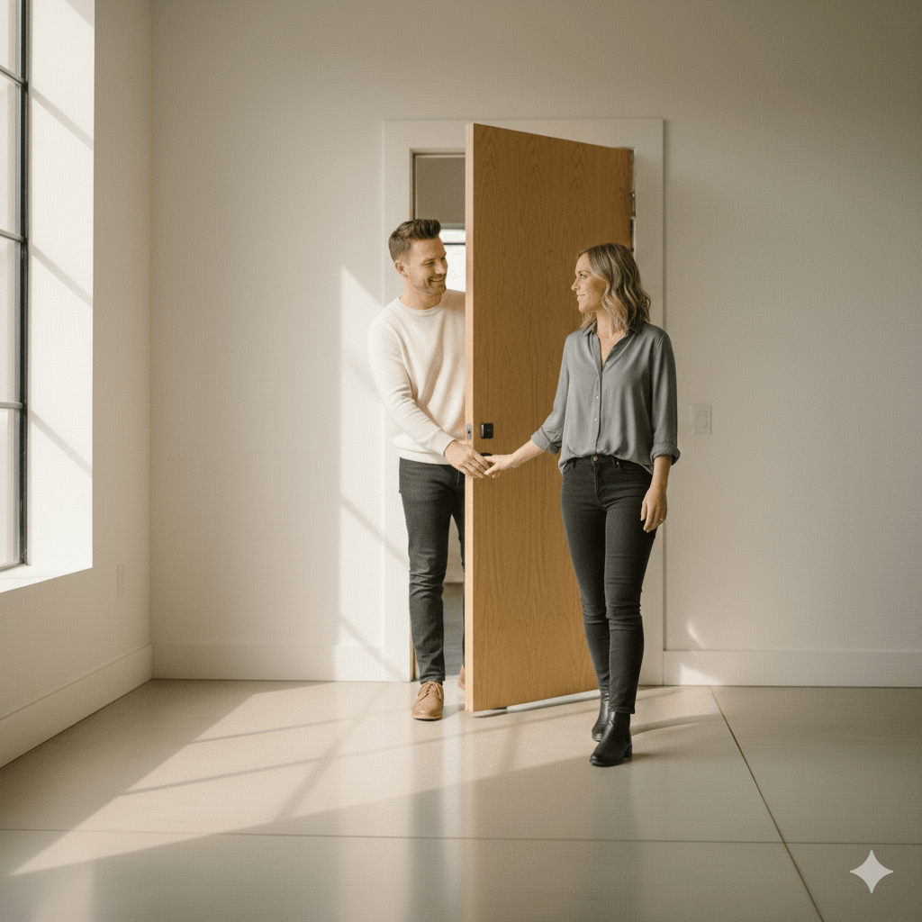 Man holding open door for woman as they enter a bright, empty room with large window light patterns on the floor