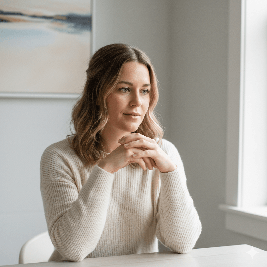 Young woman in a cream sweater sitting at a table, looking thoughtfully out a window.
