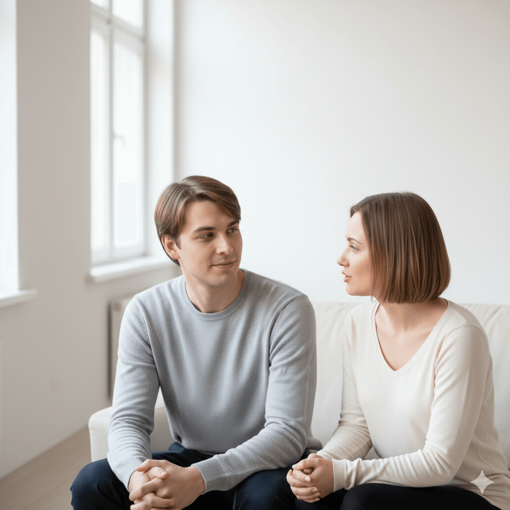 Young man and woman sitting on a couch engaged in a serious conversation in a bright room
