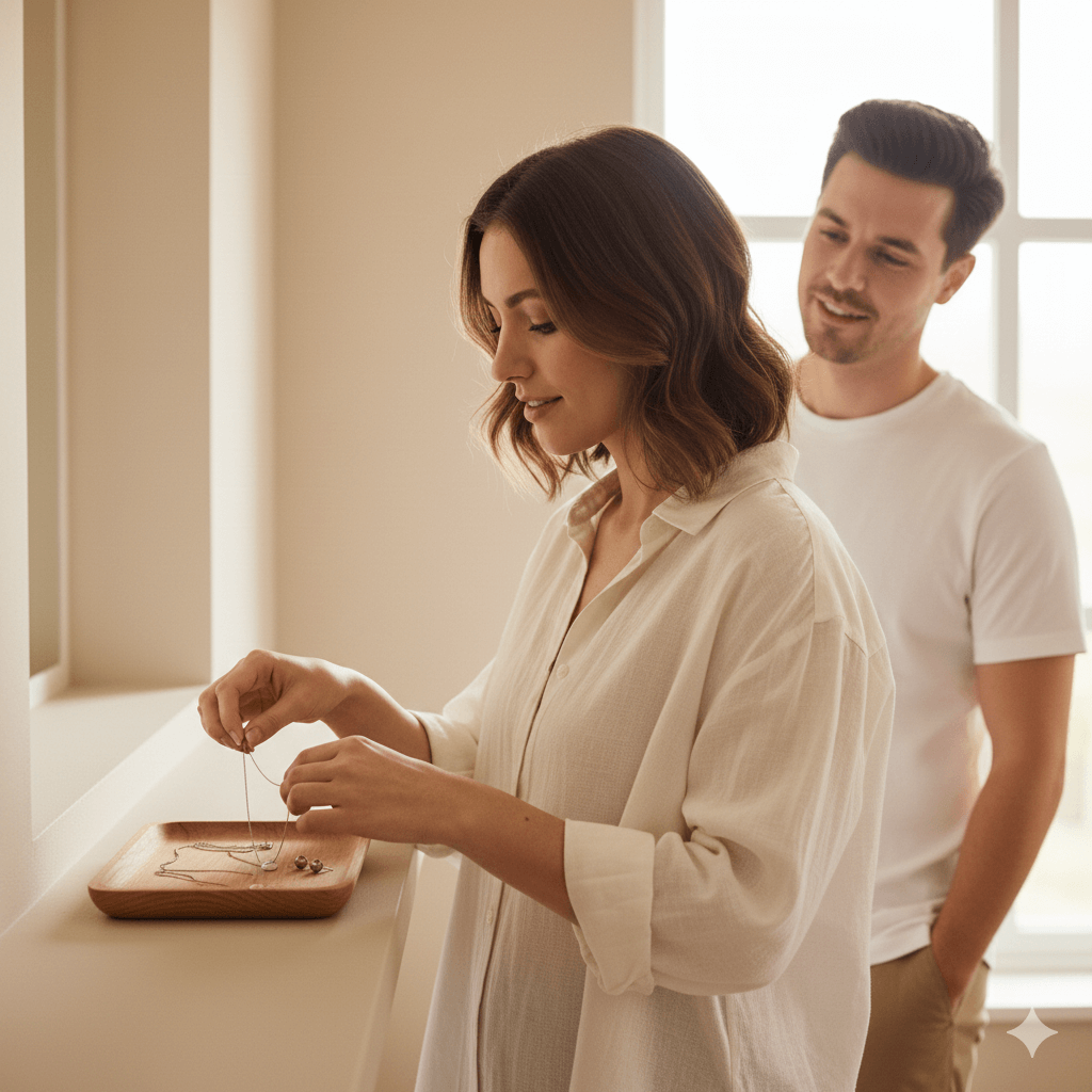 Woman in a cream shirt holding a necklace from a wooden tray while a man in a white t-shirt watches behind her