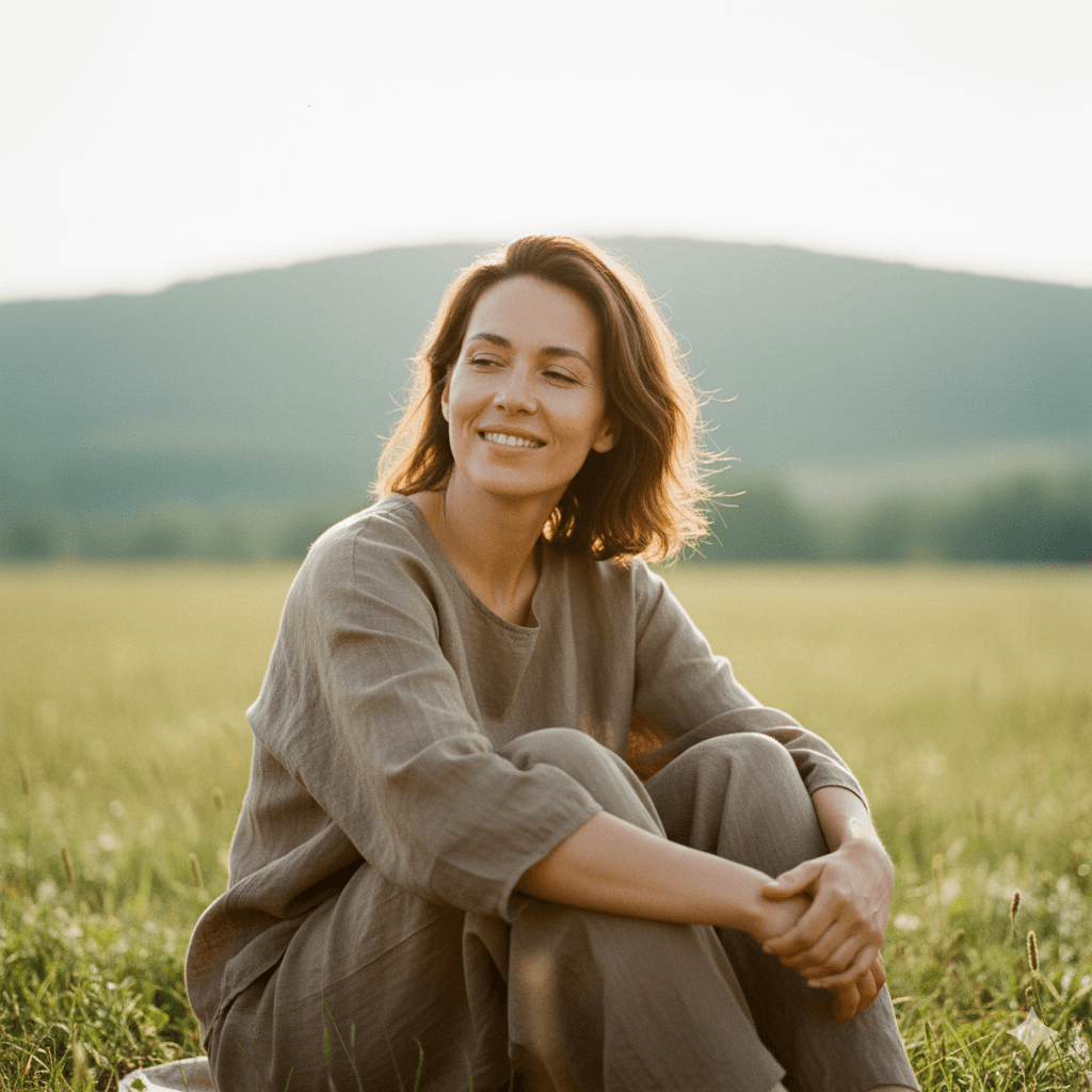 Woman in beige outfit sitting in a grassy field with hills in the background, smiling and looking to the side