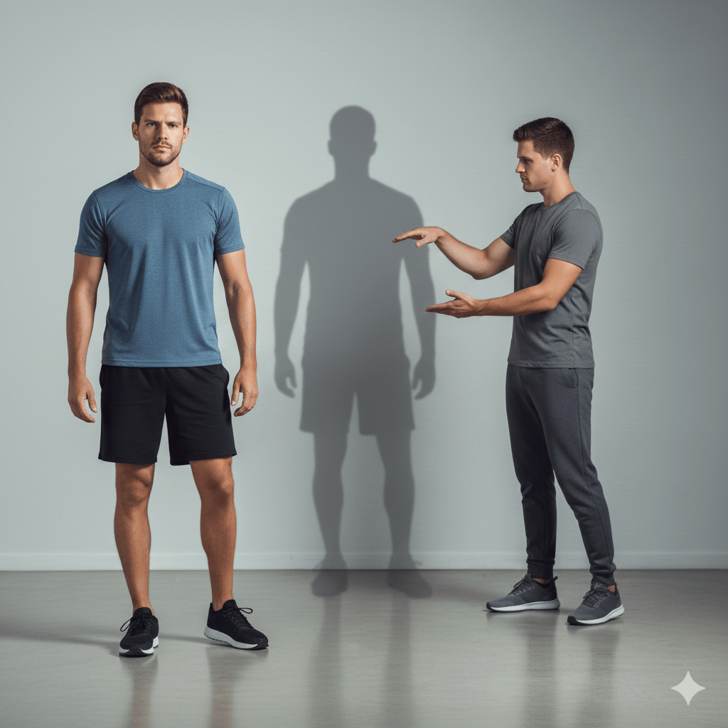 Two men in athletic wear with one gesturing toward the other’s shadow on a plain wall background.