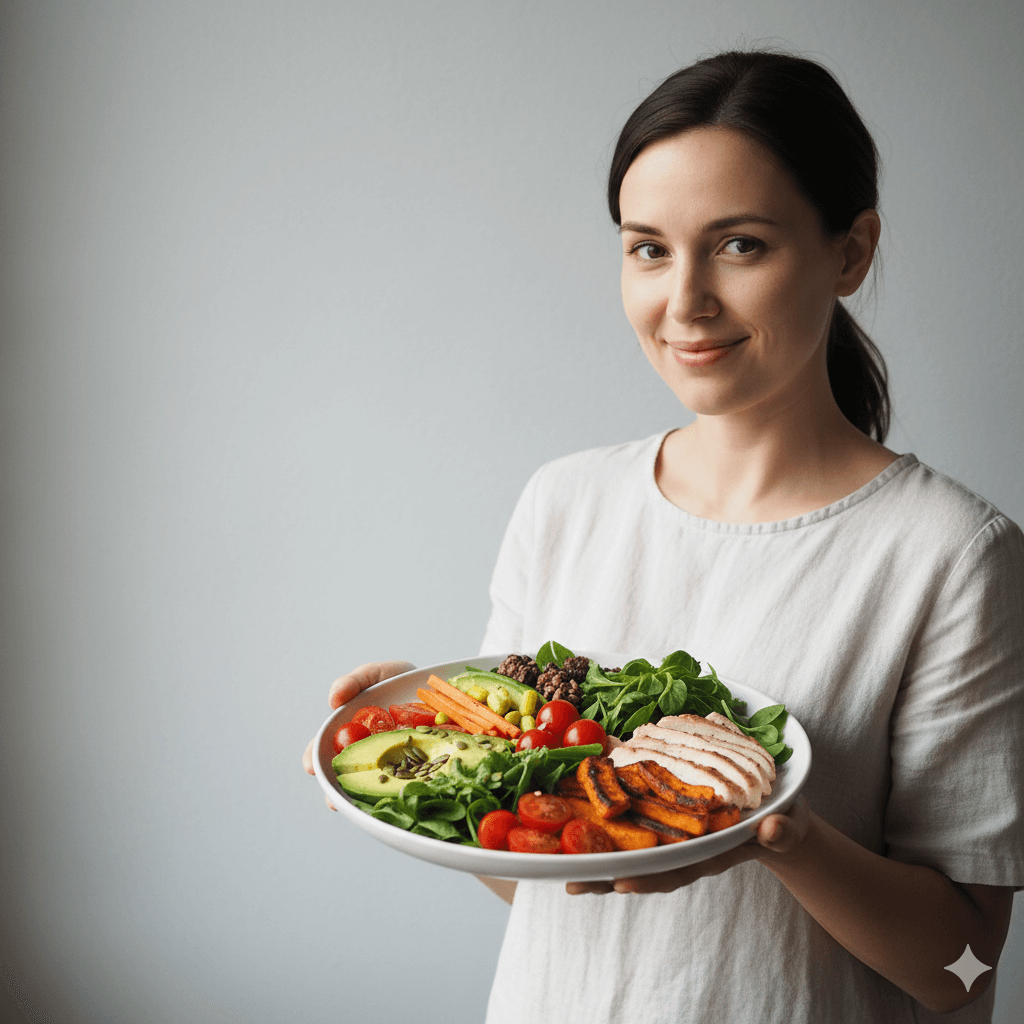 Woman holding a plate with grilled chicken, avocado, cherry tomatoes, spinach, carrots, and sweet potato fries