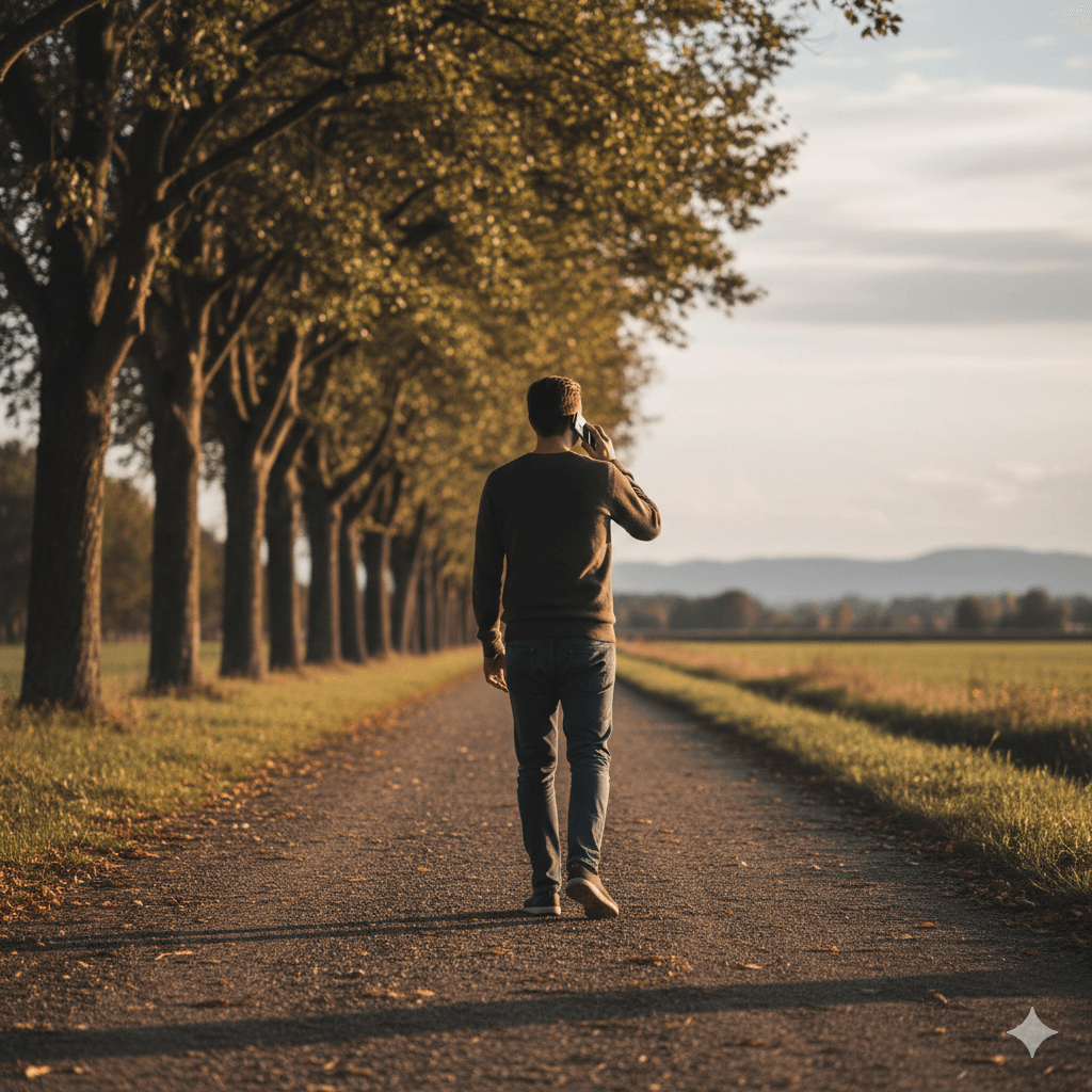 Man walking on tree-lined path while talking on a smartphone during golden hour