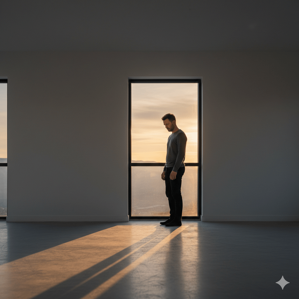 Man standing alone in front of a window with long shadows cast on the floor at sunset