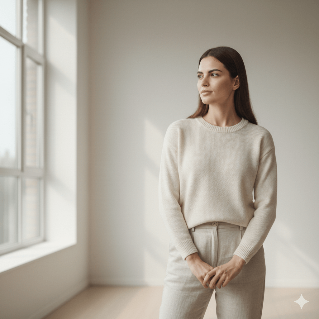 Young woman in beige sweater and pants standing near a window looking thoughtfully to the side