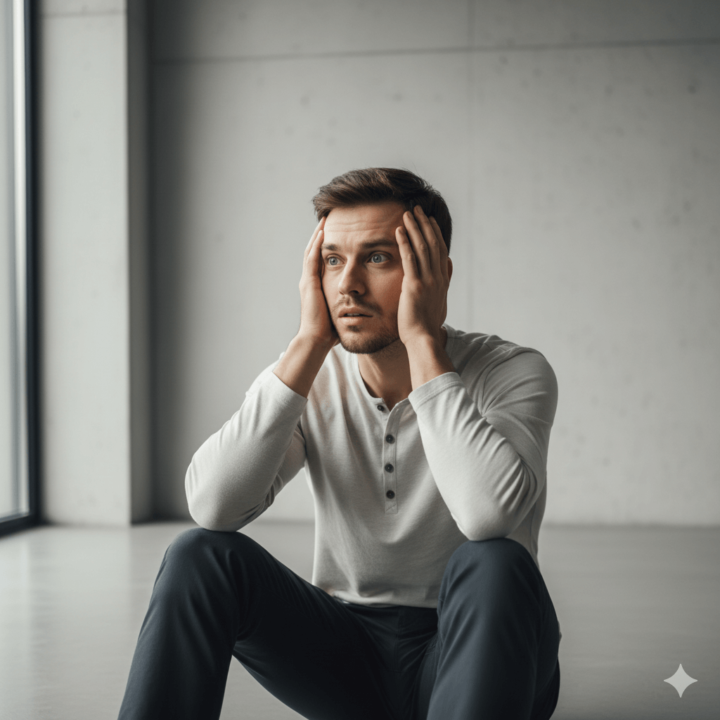 Young man in a white henley shirt sitting on the floor holding his head with a worried expression