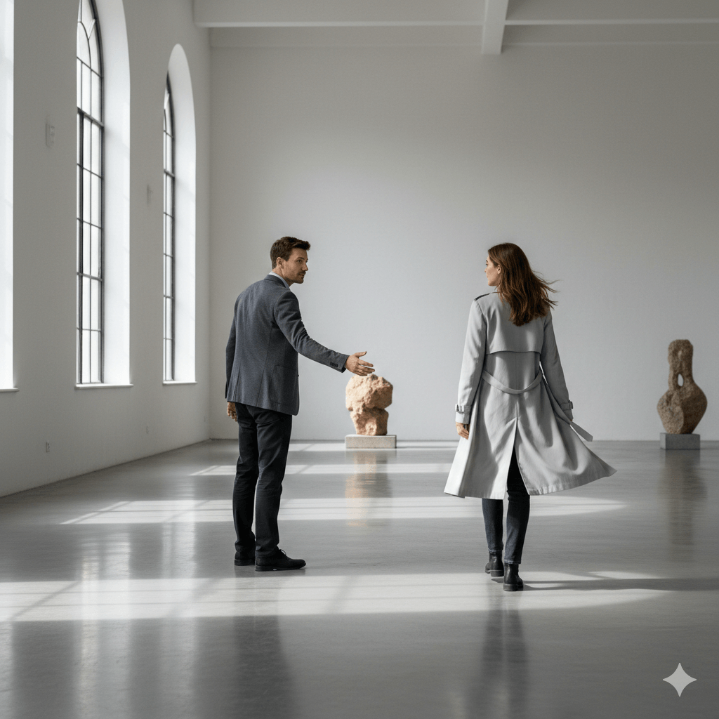 Man and woman walking and discussing sculptures in a bright modern art gallery with large arched windows
