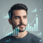 Young man with beard looking thoughtfully with transparent rising bar and line graphs overlayed
