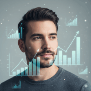 Young man with beard looking thoughtfully with transparent rising bar and line graphs overlayed