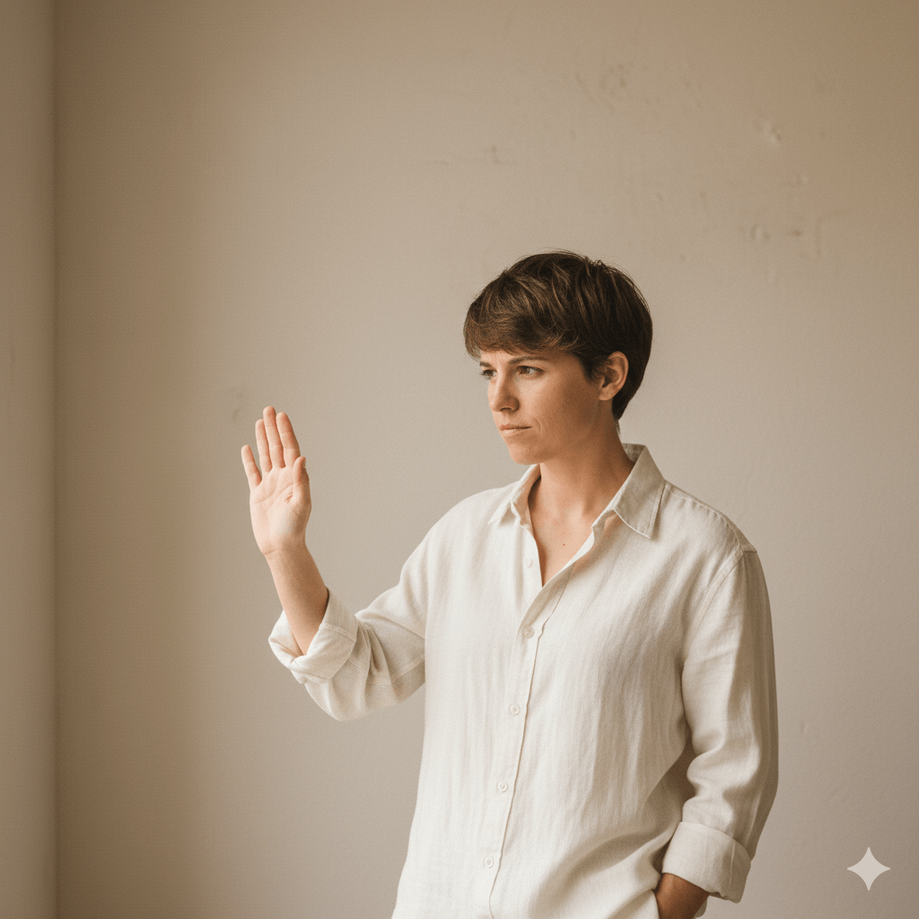 Person in white shirt raising their hand with a serious expression against a plain beige wall.