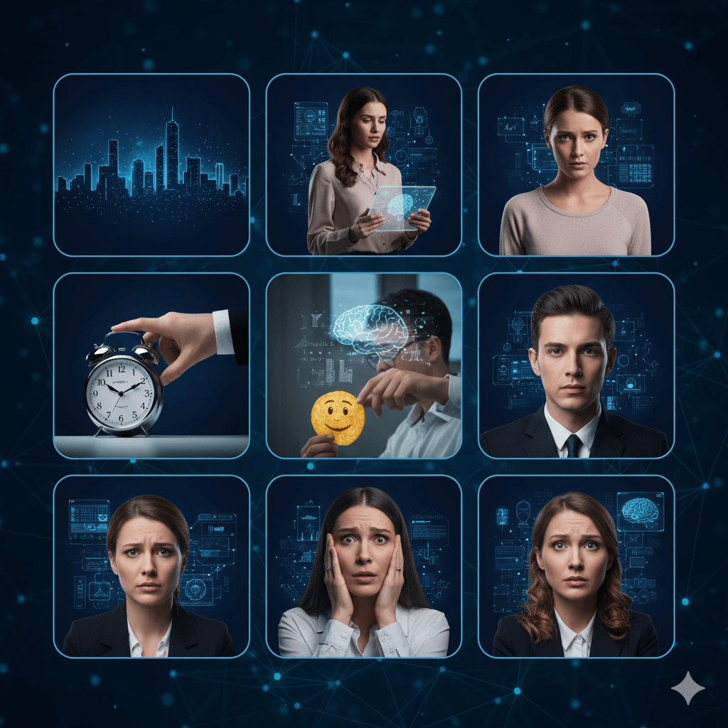 Collage of diverse professionals with digital brain and technology graphics expressing various emotions and holding a smiley face cookie.