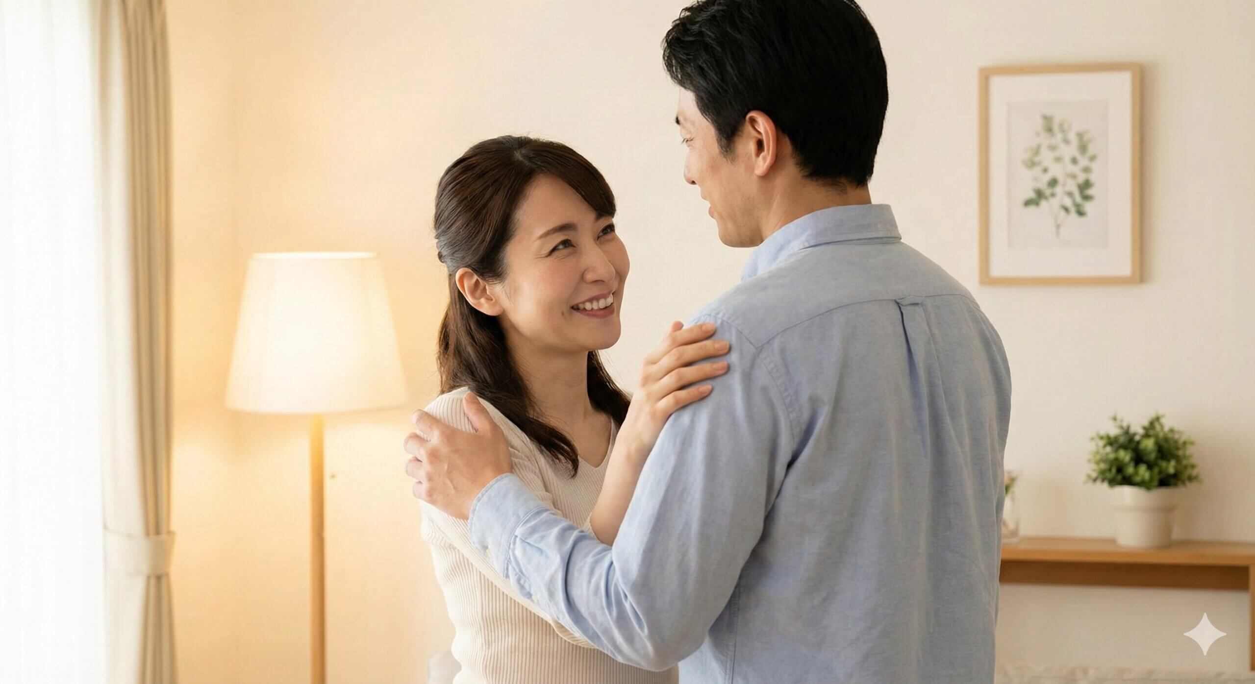 Asian couple smiling and embracing in a warmly lit living room with a lamp and framed plant artwork in the background