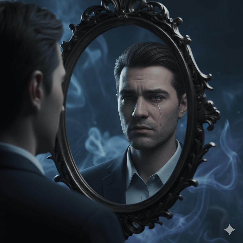 Man in suit looking at his reflection in an ornate mirror with a tear running down his cheek and smoke in the background