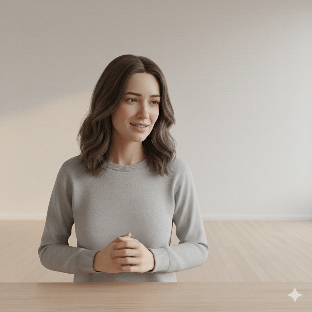 Young woman with wavy brown hair wearing a light gray sweater, sitting at a wooden table in a bright room